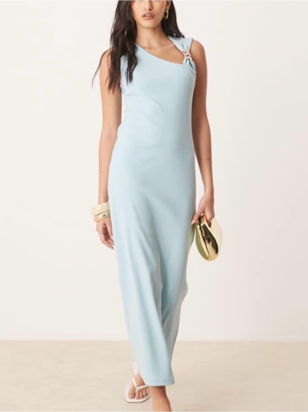 Sleeveless Asymmetric Aqua Midi Dress with Metal Accent